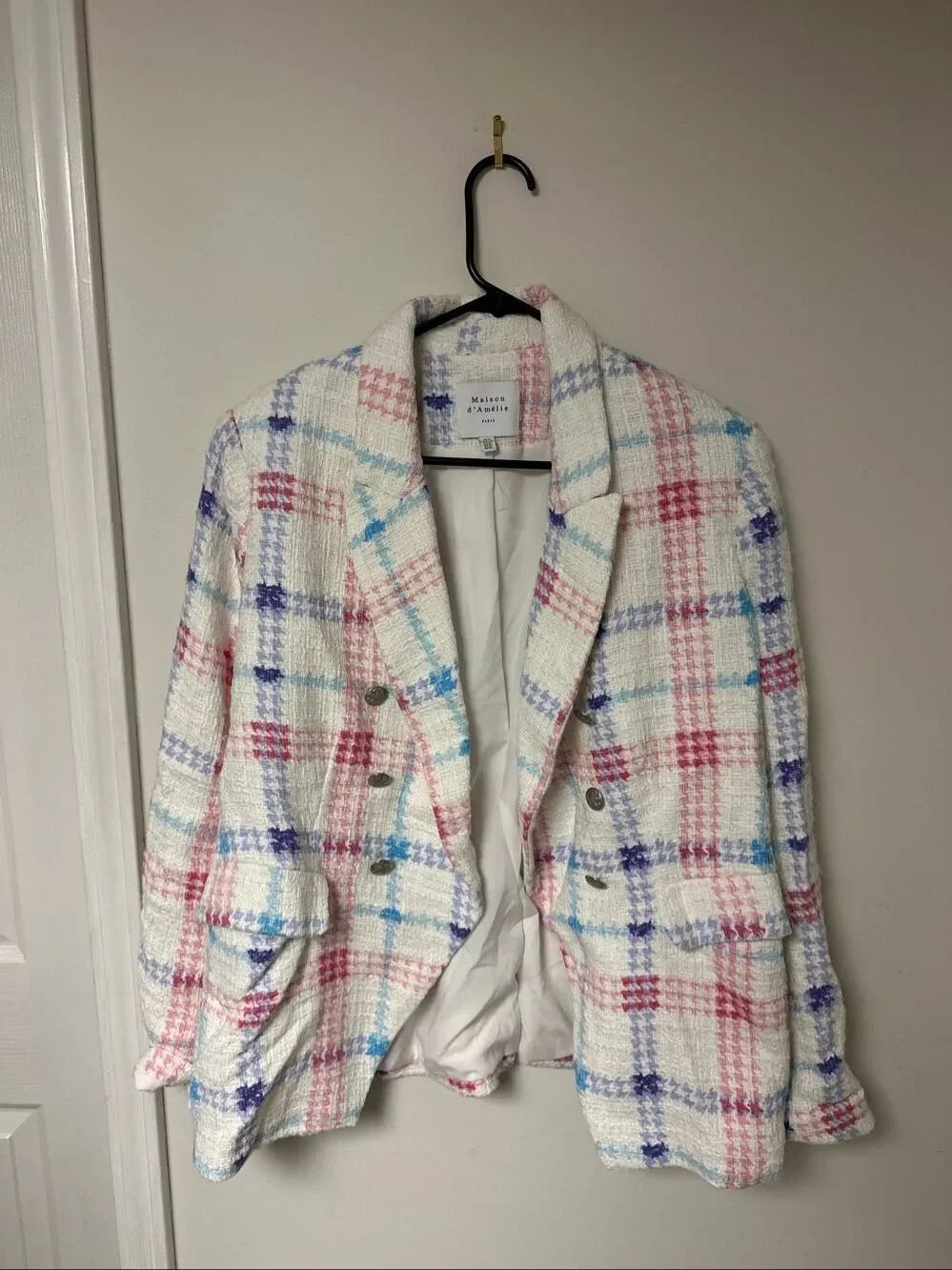 Maison De Amelie Paris Tweed Blazer Plaid Pink Creme XL